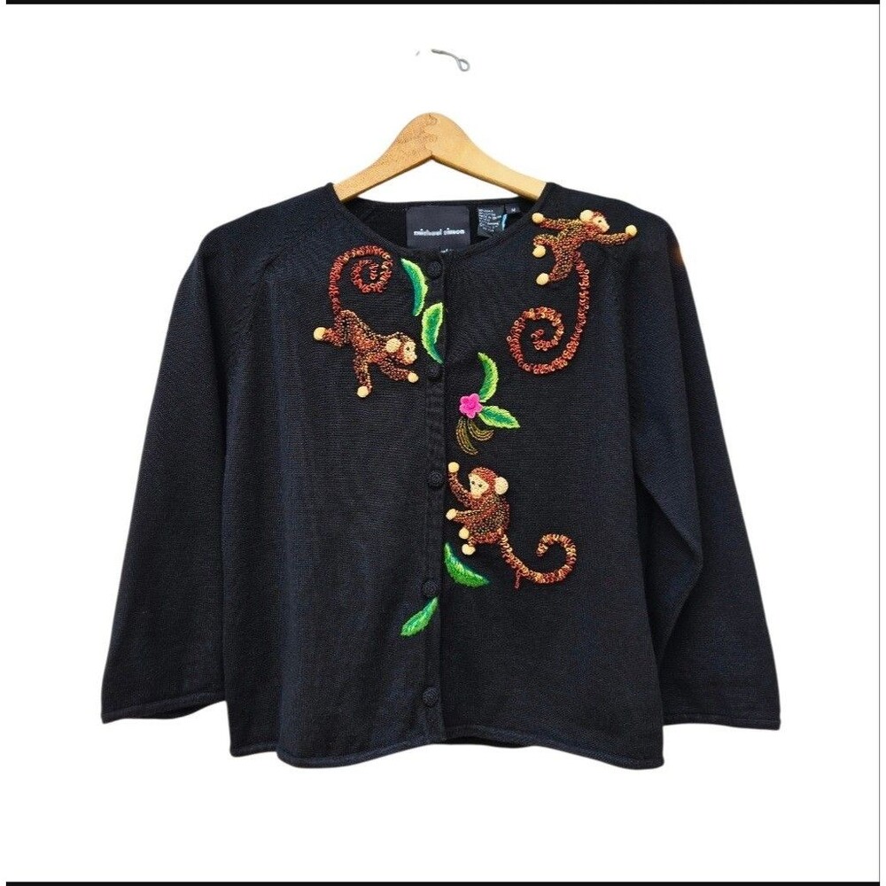 Michael Simon Black Beaded Embroidered Monkey Cardigan Sweater Size M